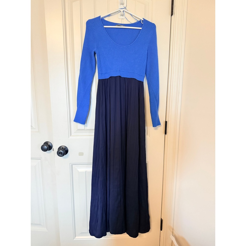 Anthropologie Colorblock Ribbed Knit Mixed Media Maxi Dress Blue Navy Small - Picture 1 of 5